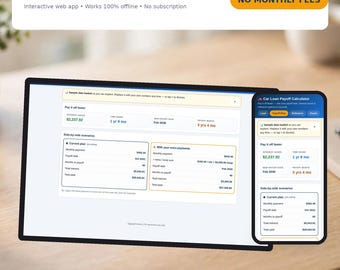 May include: A digital Car Loan Payoff Calculator interface displayed on a tablet and smartphone screen. The dashboard shows financial data including interest saved, time saved, payoff dates, and side-by-side loan payment scenarios.