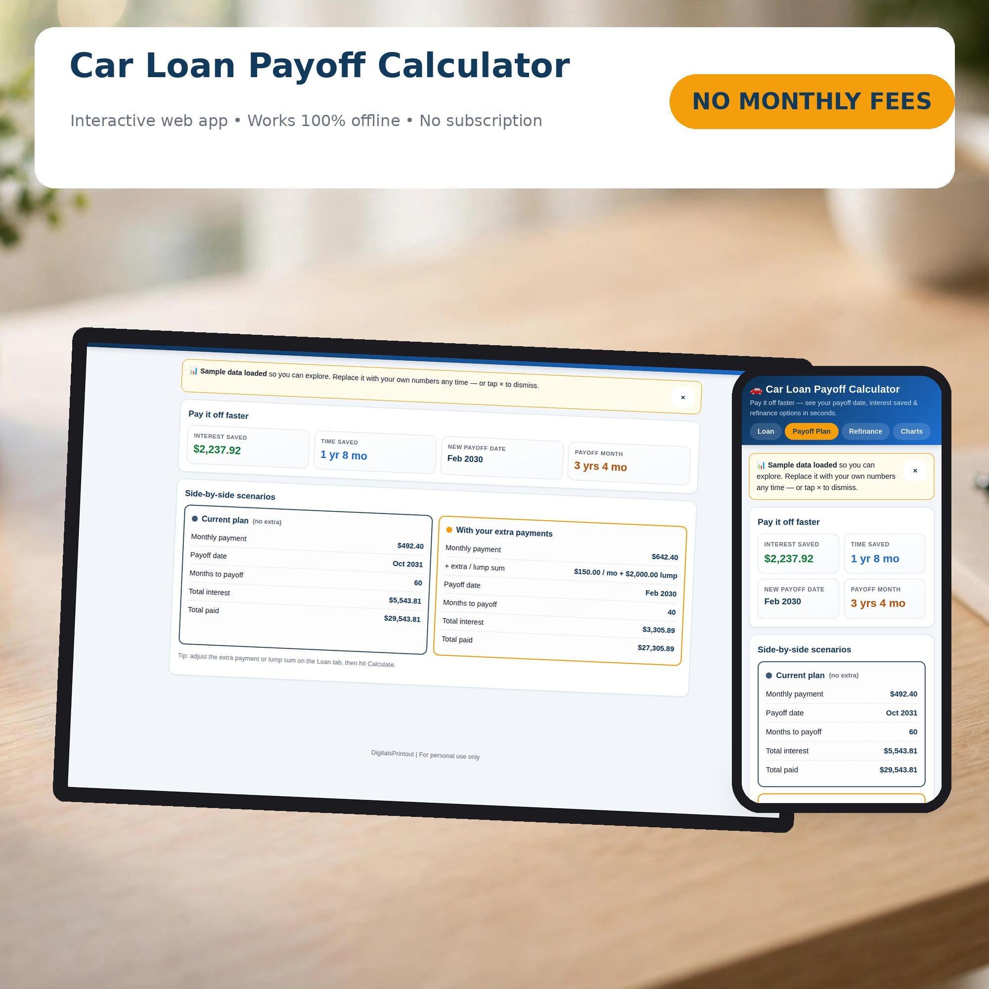 Car Loan Payoff Calculator Web App, Auto Loan Payoff Planner, Refinance Comparison Tool, No Subscription