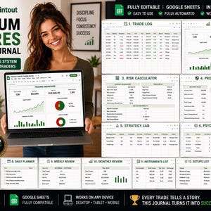 May include: A digital futures trading journal template for Google Sheets, featuring a laptop display of a trading dashboard, alongside thirteen distinct spreadsheet tabs including a trade log, risk calculator, prop firm tracker, and psychology journal.