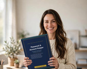 May include: A dark blue Password & Account Keeper book with gold border lines and white text. The cover features the title Password & Account Keeper, with subtext indicating it is a large print edition for seniors, including fillable PDF options.