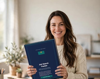 May include: A dark blue Job Search Tracker binder with white text and a small green rectangular accent. The cover features the title Job Search Tracker, the phrase Land Your Next Role, and a list of tracking categories including applications and interviews.