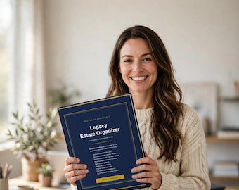 May include: A dark blue Legacy Estate Organizer binder with gold border lines and white text. The cover features the title Legacy Estate Organizer, the phrase In Case of Emergency, and a list of contents including personal and financial information.