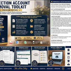May include: A digital collection account removal toolkit featuring a dark blue and gold cover, 60 editable letters, a 133-page guide, trackers, and checklists. The display includes a laptop, document previews, and text detailing the DIY system.