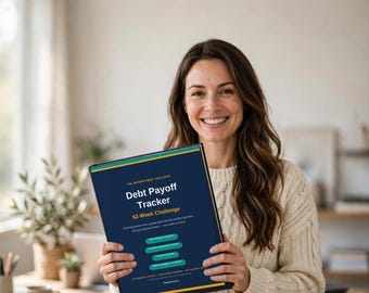 May include: A dark blue Debt Payoff Tracker 52-Week Challenge workbook with yellow and teal accents. The cover features the text Debt Payoff Tracker, 52-Week Challenge, and lists various tracking sections in a clean, professional layout.