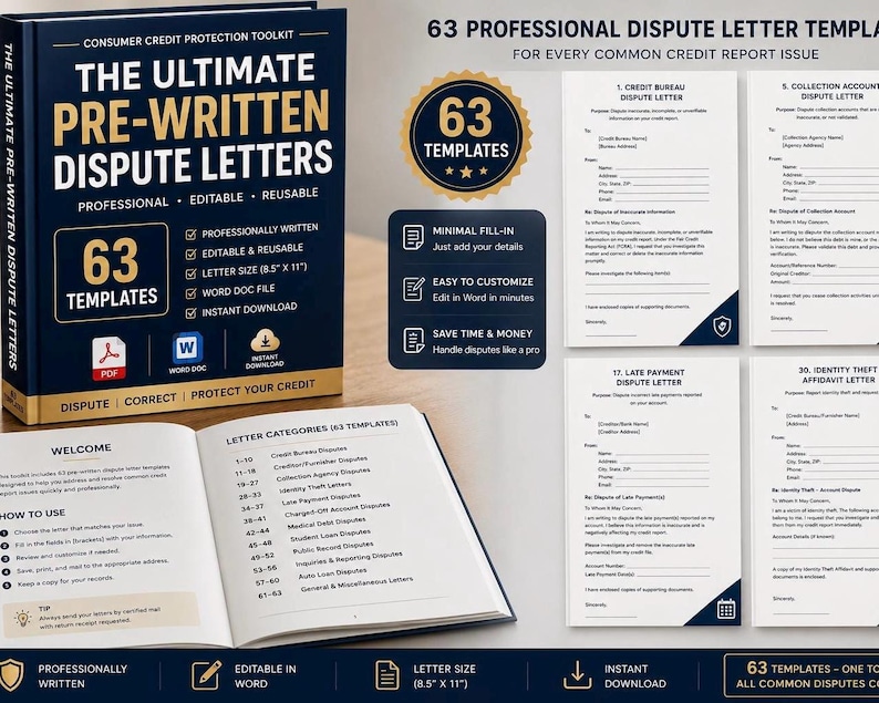 Plantillas de cartas de disputa de crédito 2026 / 63 PDF editables para reparaciones caseras y Word imagen 1