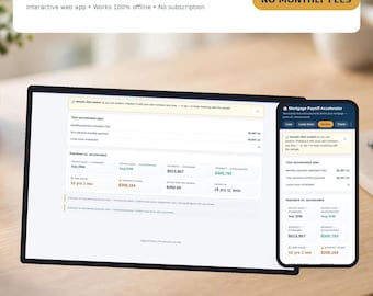 May include: A digital Mortgage Payoff Accelerator web app displayed on a tablet and smartphone screen. The interface shows financial data, including monthly payments, interest saved, and payoff dates with text labels.