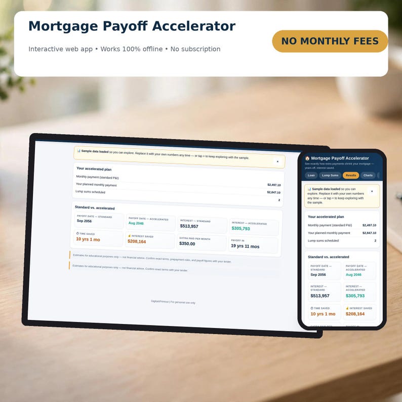 Mortgage Payoff Accelerator Web App, Extra Payment Calculator, Pay Off Home Loan Early, Offline HTML Tool, No Subscription