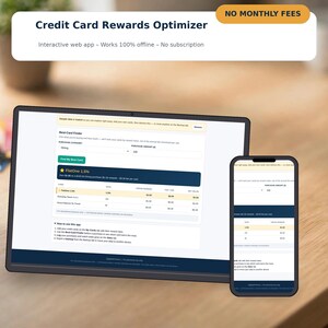 May include: A laptop and a smartphone displaying the Credit Card Rewards Optimizer web app. The screen shows a Best-Card Finder interface with purchase category and amount fields, a FlatOne 1.5% reward result, and a how-to-use section.