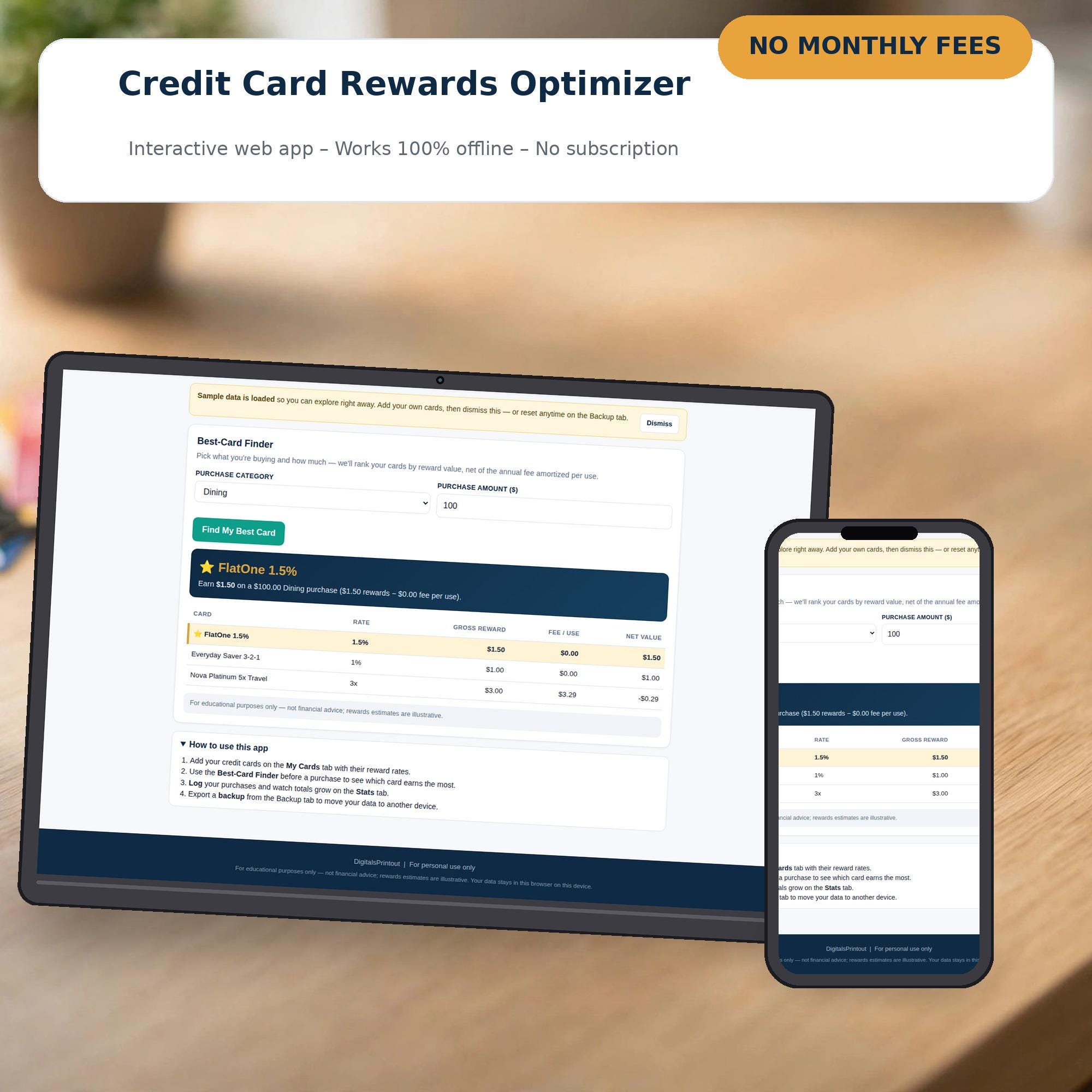 Credit Card Rewards Optimizer Web App, Best Card Finder & Cash Back Tracker, Offline HTML Points Maximizer, No Subscription