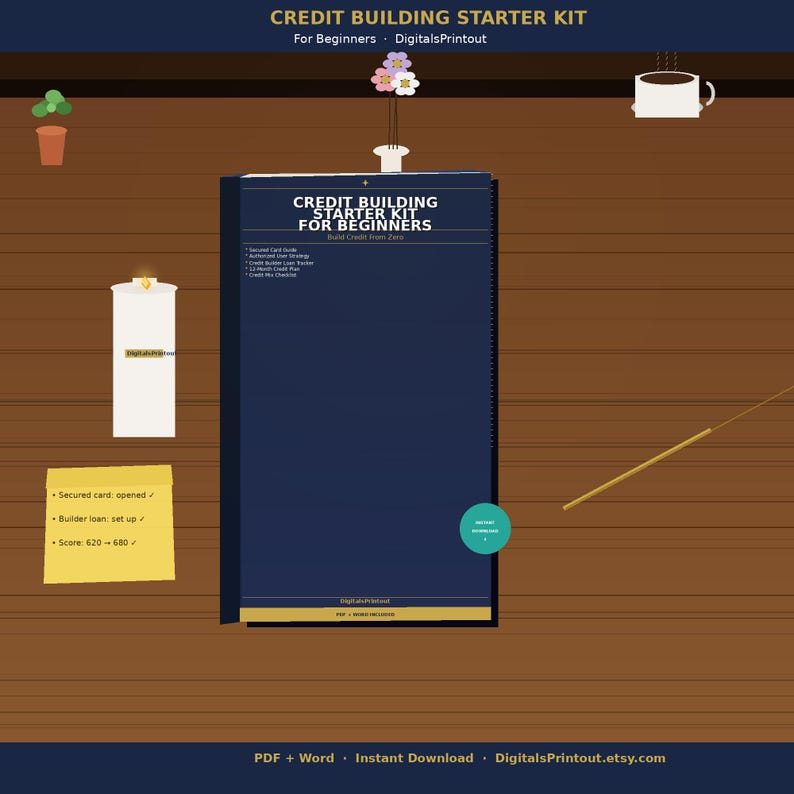 May include: A dark blue spiral-bound Credit Building Starter Kit for Beginners document featuring a list of contents including a Secured Card Guide, Authorized User Strategy, Credit Builder Loan Tracker, 12-Month Credit Plan, and Credit Mix Checklist.