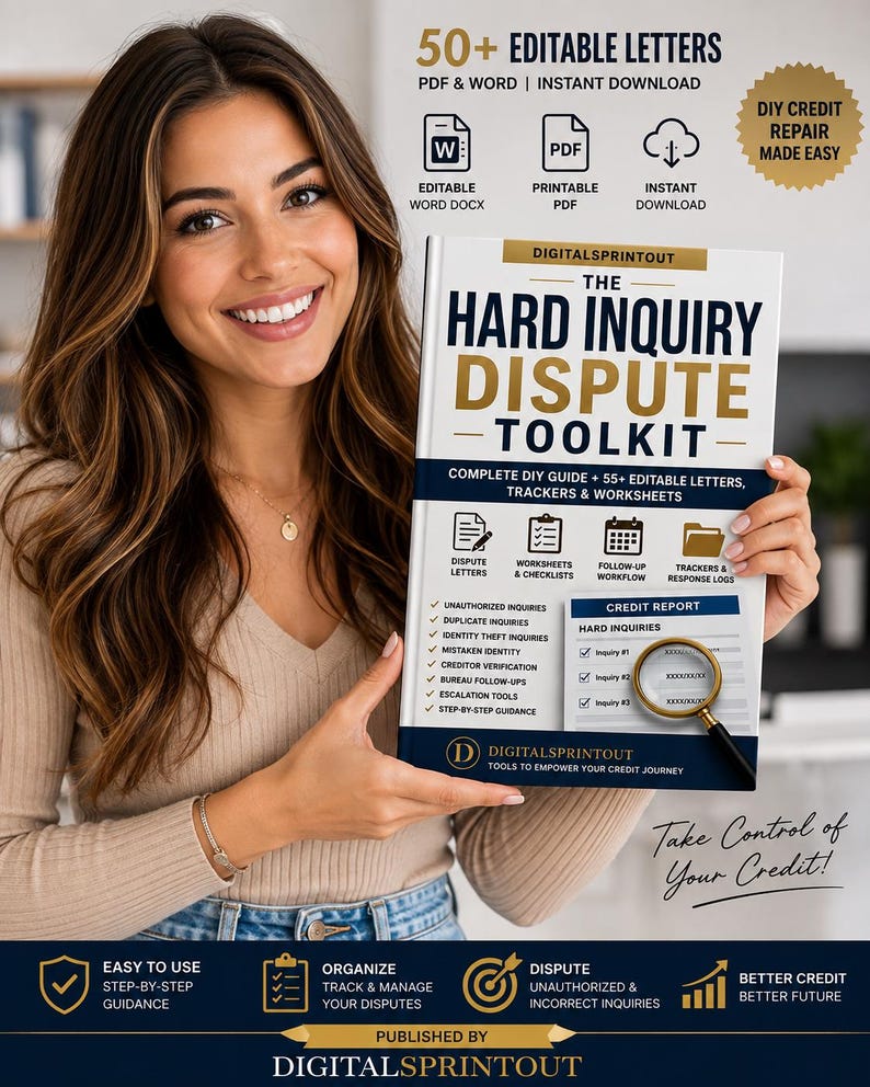 May include: A digital product cover titled The Hard Inquiry Dispute Toolkit, featuring a magnifying glass over a credit report graphic, with text detailing DIY credit repair, editable letters, worksheets, and trackers for managing credit inquiries.
