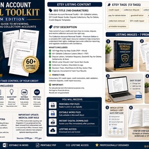 May include: A digital product listing for a Collection Account Removal Toolkit, featuring a dark blue cover with a gold scale icon, multiple document mockups, a laptop, checklists, and text detailing a 133-page guide and 60 editable letters.