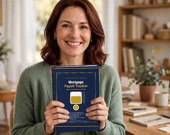 May include: A dark blue hardcover Mortgage Payoff Tracker book with gold border lines and text. The cover features a graphic of a yellow progress bar and a circular icon, with the title Mortgage Payoff Tracker printed in white and gold.