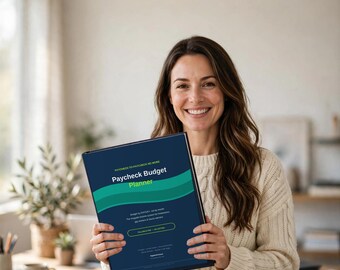 May include: A dark blue Paycheck Budget Planner with green wavy graphic accents. The cover features the text Paycheck-to-Paycheck No More, Paycheck Budget Planner, and additional details including Fillable PDF - US Letter.