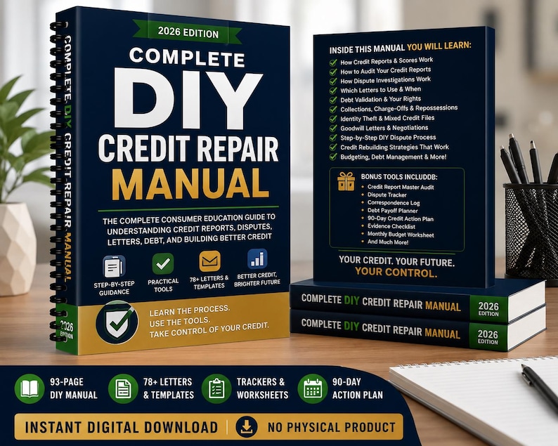 May include: A dark blue spiral-bound manual titled Complete DIY Credit Repair Manual 2026 Edition. The cover features white and yellow text, icons for guidance and templates, and a list of credit repair topics and bonus tools included inside.