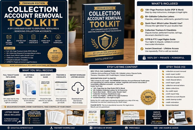 May include: A digital collection account removal toolkit featuring a dark blue and gold cover with the text Collection Account Removal Toolkit. The set includes a 130-page guide, 60 editable letters, quick start guides, trackers, checklists, and legal rights information.