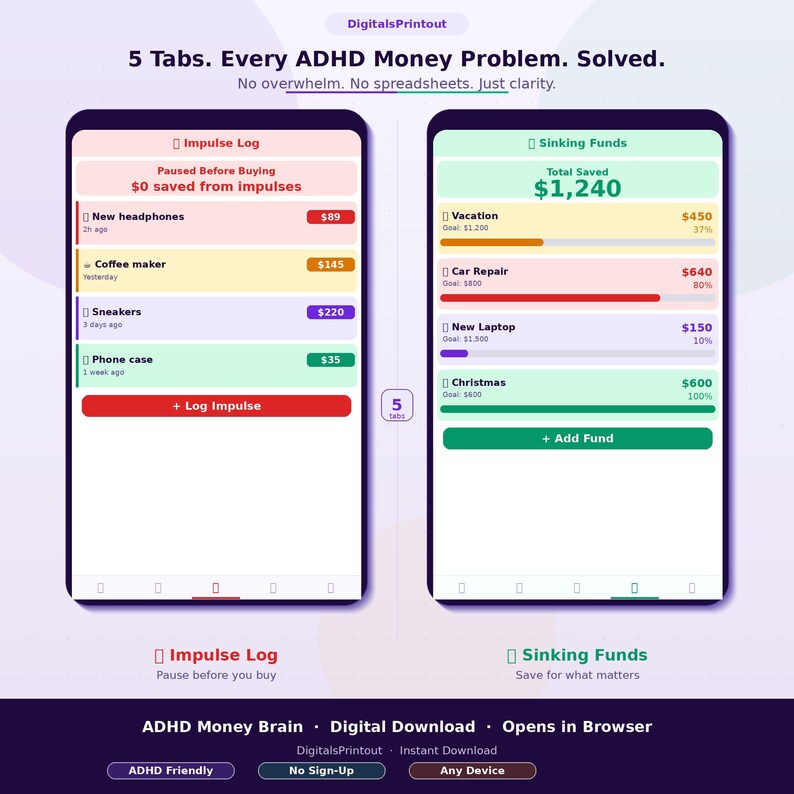 May include: A digital financial management tool displayed on two smartphone screens. The interface features an Impulse Log with itemised spending entries and a Sinking Funds tracker with progress bars. Text includes 5 Tabs. Every ADHD Money Problem. Solved. No overwhelm. No spreadsheets. Just clarity.