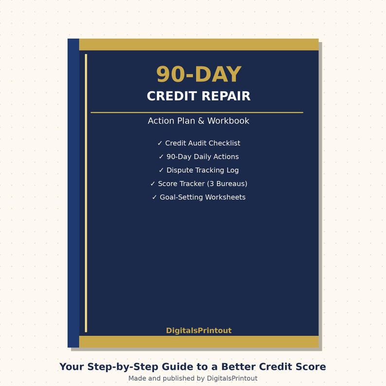 May include: A dark blue workbook titled 90-DAY CREDIT REPAIR Action Plan & Workbook. It lists a Credit Audit Checklist, 90-Day Daily Actions, Dispute Tracking Log, Score Tracker for 3 Bureaus, and Goal-Setting Worksheets. The cover features gold accents.