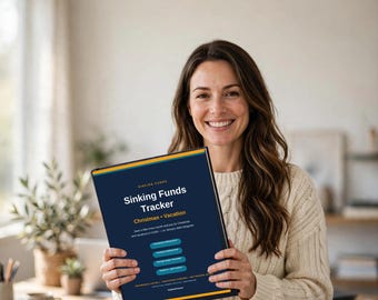 May include: A dark blue Sinking Funds Tracker document with yellow and white text. The cover reads Sinking Funds Tracker, Christmas + Vacation, and includes sections for Christmas sinking fund, Vacation sinking fund, Savings target calculator, and Expense + gift trackers.