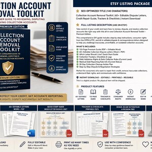 May include: A digital Collection Account Removal Toolkit featuring a dark blue book cover with gold shield icon, 60+ editable dispute letters, trackers, checklists, a 133-page guide, and a quick start guide, all presented in a comprehensive Etsy listing package.