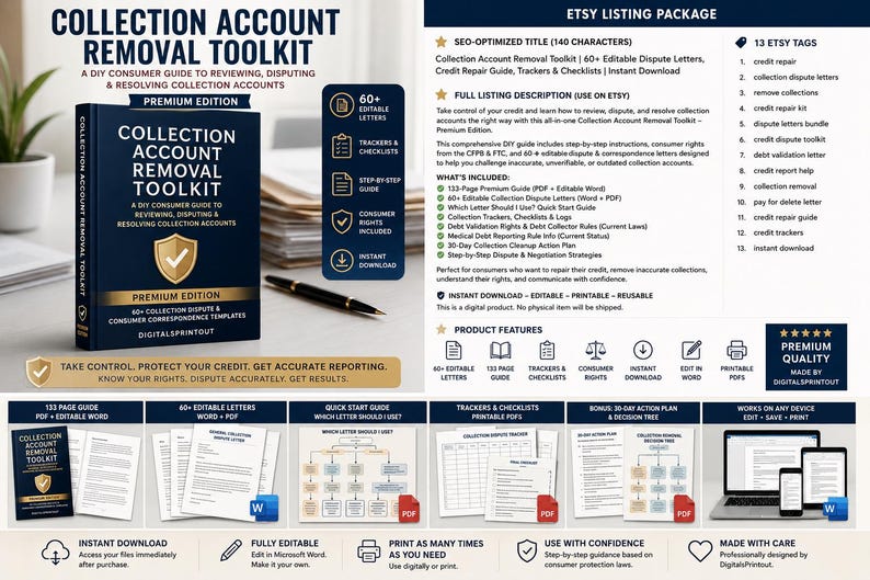 May include: A digital Collection Account Removal Toolkit featuring a dark blue book cover with gold shield icon, 60+ editable dispute letters, trackers, checklists, a 133-page guide, and a quick start guide, all presented in a comprehensive Etsy listing package.