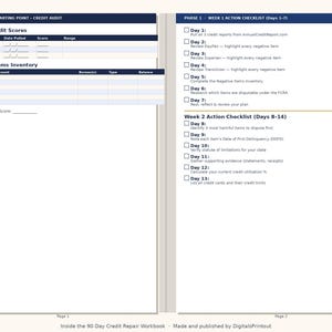 May include: A two-page credit repair workbook layout featuring a credit audit section with tables for scores and negative items on the left, and a structured action checklist for days one through thirteen on the right, printed in dark blue and white.