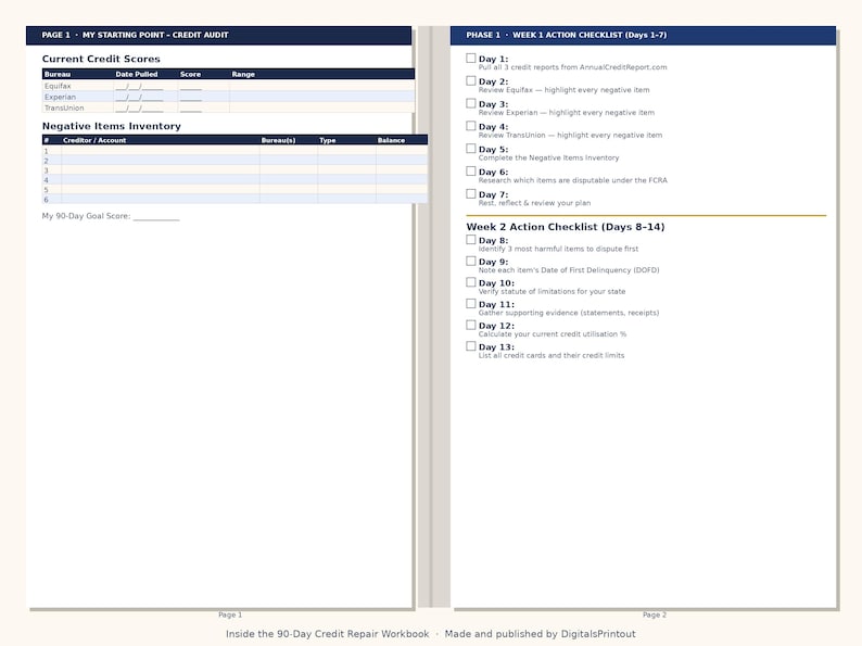 May include: A two-page credit repair workbook layout featuring a credit audit section with tables for scores and negative items on the left, and a structured action checklist for days one through thirteen on the right, printed in dark blue and white.