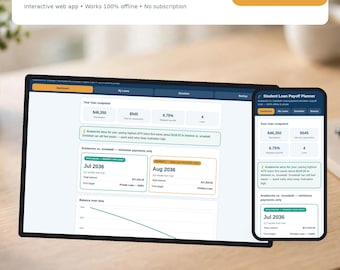 May include: A digital Student Loan Payoff Planner interface displayed on a tablet and smartphone screen. The dashboard shows loan snapshots, interest rates, and payoff dates for avalanche and snowball methods with text.
