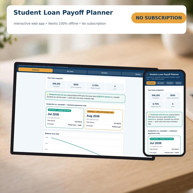 Student Loan Payoff Planner Web App, Avalanche vs Snowball Debt Payoff Calculator, Offline HTML, No Subscription