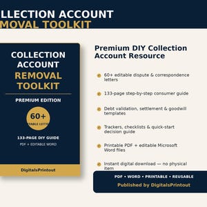 May include: A digital collection account removal toolkit featuring a dark blue and gold cover with the text Collection Account Removal Toolkit Premium Edition. It includes 60 plus editable letters, a 133-page guide, templates, and trackers in PDF and Word.