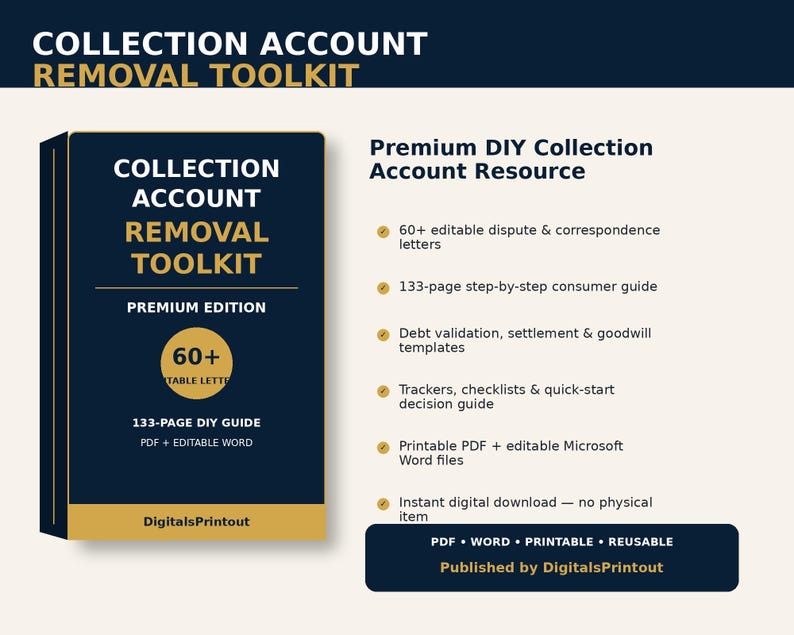 May include: A digital collection account removal toolkit featuring a dark blue and gold cover with the text Collection Account Removal Toolkit Premium Edition. It includes 60 plus editable letters, a 133-page guide, templates, and trackers in PDF and Word.