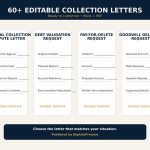 May include: A digital collection of 60+ editable letters including General Collection Dispute, Debt Validation, Pay-for-Delete, and Goodwill Deletion requests. Each template features blank lines for user input, labelled for Word and PDF formats.
