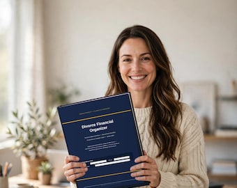May include: A dark blue binder titled Divorce Financial Organizer with gold horizontal lines and white text. The cover includes sections for asset and debt inventory, a document checklist, a post-divorce budget plan, and an action plan.