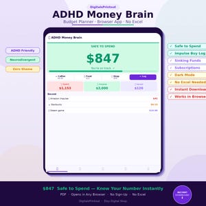May include: A digital budget planner interface titled ADHD Money Brain displayed on a screen. The dashboard features a Safe to Spend total of $847, income of $2,000, and expense logs. Side panels list features like Impulse Buy Log and Sinking Funds.