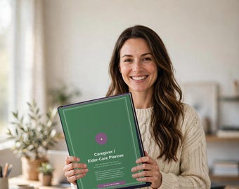 May include: A rectangular Caregiver / Elder-Care Planner binder with a dark green cover, a purple circular icon with a white plus sign, and white text detailing caregiving information, emergency contacts, and medical history logs.