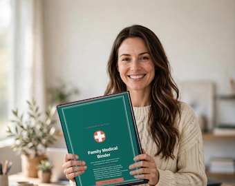 May include: A dark green binder with a white medical cross icon and the text Family Medical Binder printed on the front cover. The cover features a thin white border and additional small white text detailing medical information organization.