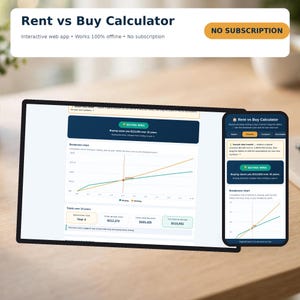 May include: A Rent vs Buy Calculator interactive web app displayed on a tablet and smartphone screen. The interface features a breakeven chart, financial data, and a results summary showing buying savings over 10 years. Text includes Rent vs Buy Calculator.
