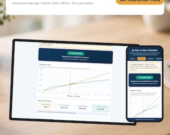 May include: A Rent vs Buy Calculator interactive web app displayed on a tablet and smartphone screen. The interface features a breakeven chart, financial data, and a results summary showing buying savings over 10 years. Text includes Rent vs Buy Calculator.