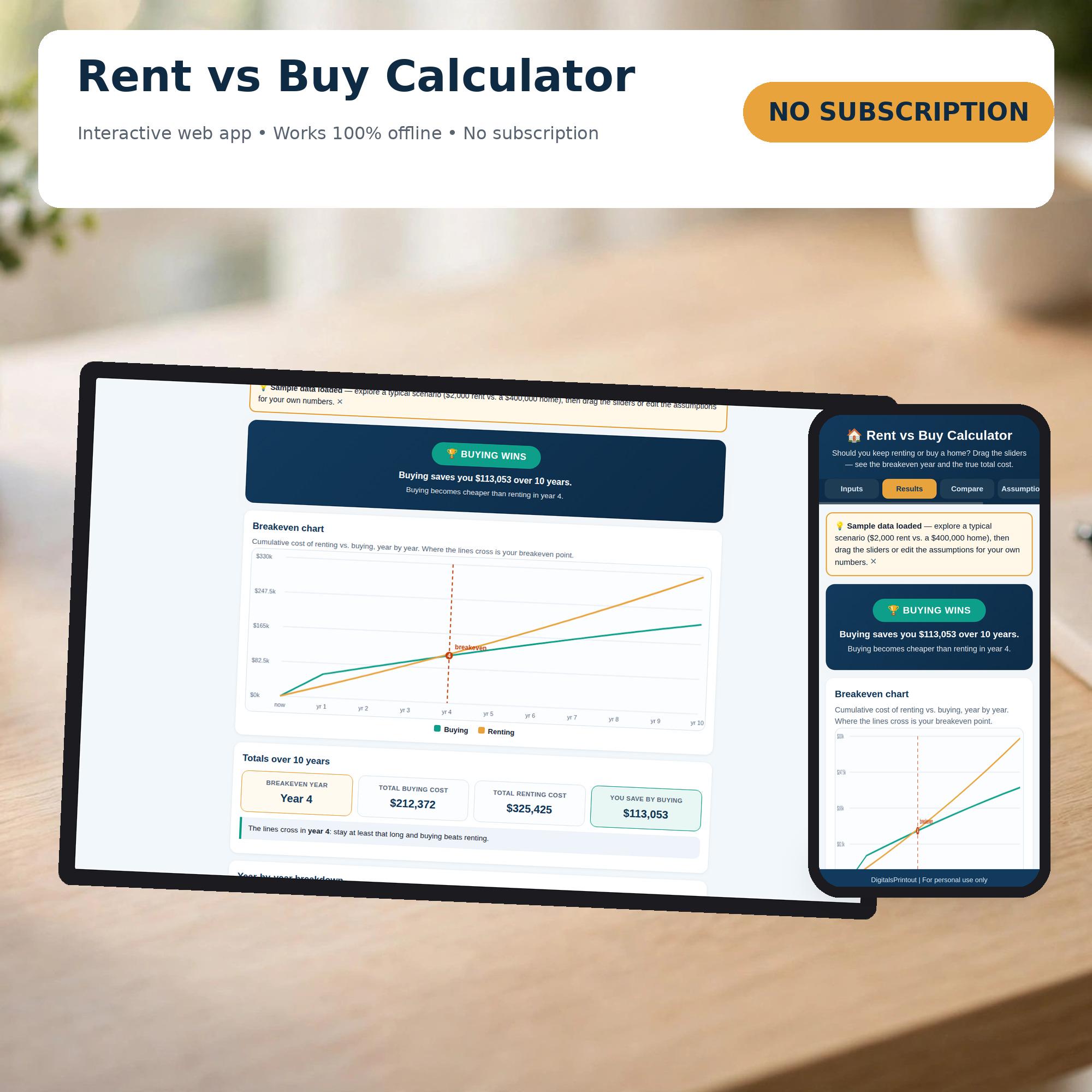 Rent vs Buy Calculator Web App, Home Buying vs Renting Cost Comparison, Breakeven Year Chart, Offline HTML, No Subscription