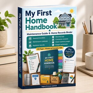 Op de afbeelding: Een wit boek getiteld My First Home Handbook Maintenance Guide & Home Records Binder met een huisillustratie, 80 pagina's en invulbare PDF-tekst. De omslag toont iconen voor checklists, garantielogboeken en budgetwerkbladen.