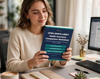 May include: A dark blue booklet titled Open Enrollment Health Insurance Comparison Worksheet 2026-2027. The cover features teal rectangular sections labeled 3-Plan Comparison Chart, True-Cost Math Worksheet, and Medicare vs. Advantage Checklist.