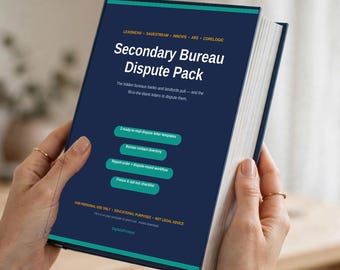 May include: A dark blue book titled Secondary Bureau Dispute Pack with white text and teal accents. The cover lists LexisNexis, SageStream, Innovis, ARS, and CoreLogic, along with bullet points for dispute letter templates, a contact directory, and checklists.