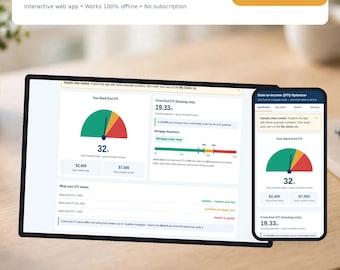 May include: A Debt-to-Income (DTI) Optimizer web app displayed on a tablet and smartphone screen. The interface features a gauge chart showing 32% back-end DTI, a front-end DTI of 19.33%, and text explaining mortgage readiness and debt-to-income ratios.