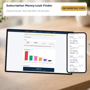 Web-app voor het opsporen van geldlekken in abonnementen, tracker voor het annuleren van ongebruikte abonnementen, offline HTML-budgettool, geen abonnement nodig.