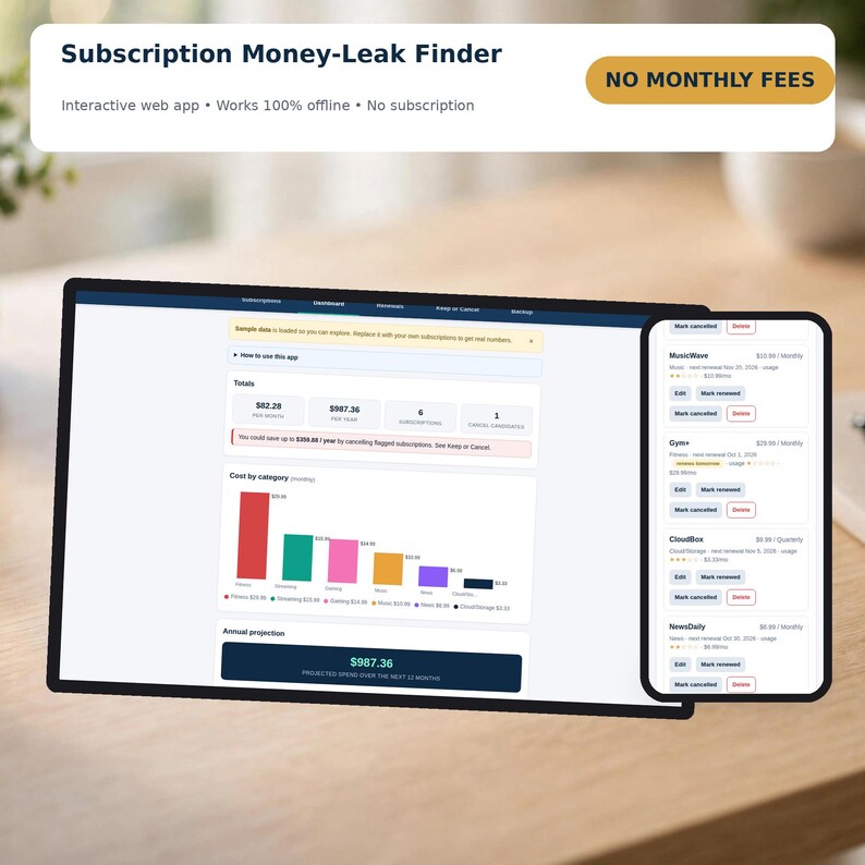 Subscription Money-Leak Finder Web App, Cancel Unused Subscriptions Tracker, Offline HTML Budget Tool, No Subscription Needed