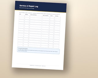 May include: A white Service & Repair Log document with a dark blue header. It features columns for date, mileage, service performed, shop, cost, and next due date. A tip box at the bottom advises to ask for old parts after vehicle maintenance.