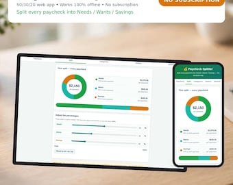 May include: A digital interface for the Paycheck Splitter web app displayed on a tablet and smartphone. The screen shows a 50/30/20 budget breakdown with a donut chart, percentage sliders, and financial categories for Needs, Wants, and Savings.