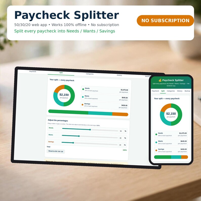Paycheck Budget Web App, 50/30/20 Budget Planner, Needs Wants Savings Splitter, Offline HTML, No Subscription