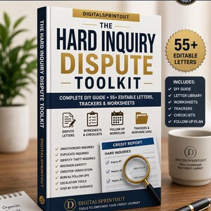 May include: A digital product guide titled The Hard Inquiry Dispute Toolkit with a white cover, navy blue and gold text, and icons for letters, worksheets, and trackers. It includes a magnifying glass over a credit report graphic and a list of dispute types.