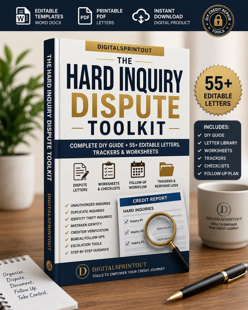 May include: A digital product guide titled The Hard Inquiry Dispute Toolkit with a white cover, navy blue and gold text, and icons for letters, worksheets, and trackers. It includes a magnifying glass over a credit report graphic and a list of dispute types.